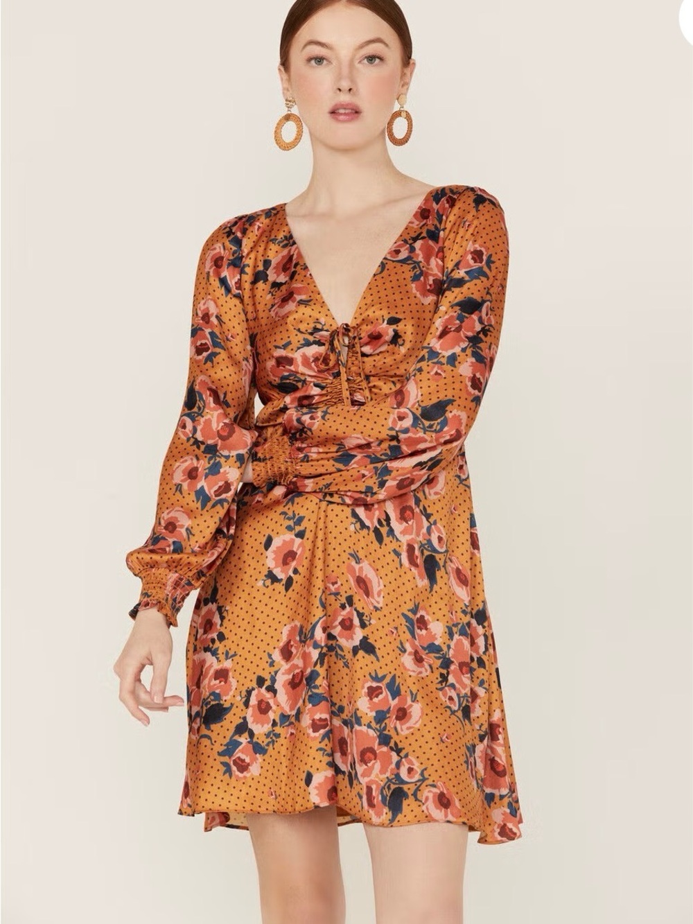 Women's Floral Dot Satin Long Sleeve Mini Dress